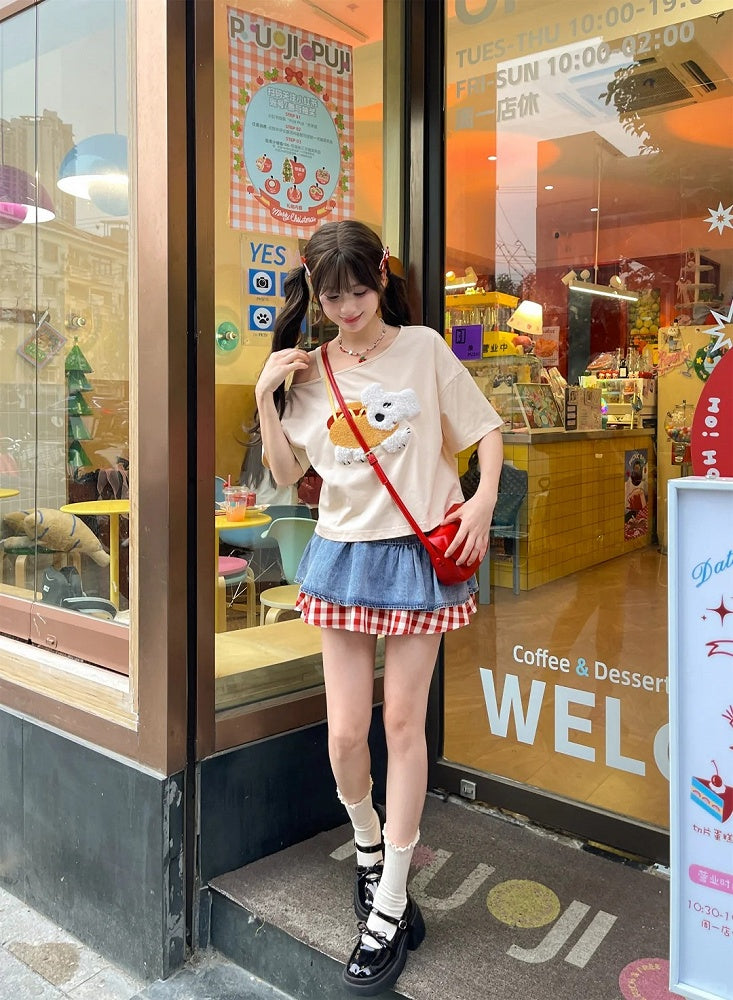 子犬のアップリケTシャツ 非対称ネックライン ホットドッグ アプリコットデザイン