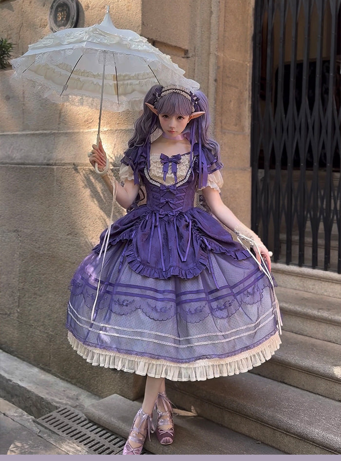 パープルのボーン入りバスクウエスト、エレガントなアンダーバスト、クラシックなロリータジャンパースカート