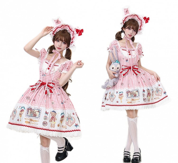Dress Sweet Lolita and Teddy Cherry Dessert Gingham Pink Print