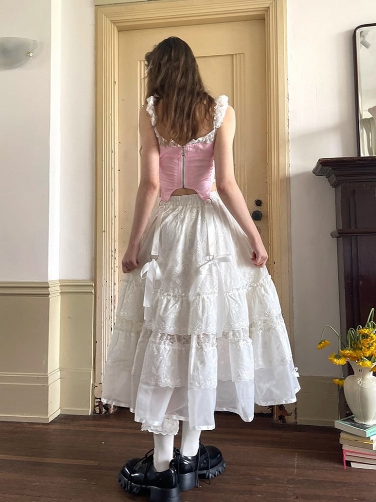 Skirt with Angel White Maxi Tiered Lace Embroidery and Bow Accents