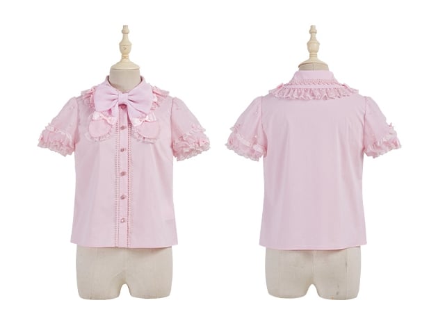 Rosa Bluse mit abnehmbarer Schleife am Ausschnitt und Perlen und kurzen Puffärmeln