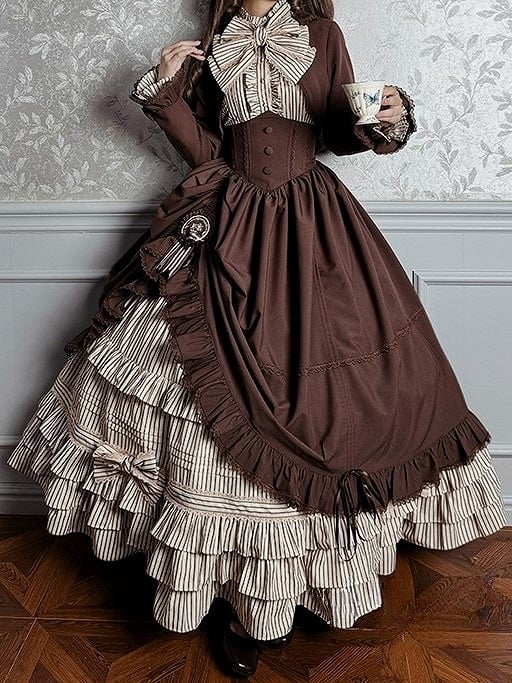 Elegant Bolero Classic Hat + Brown Badge Set Top Lolita Blouse Boned Striped Skirt Full