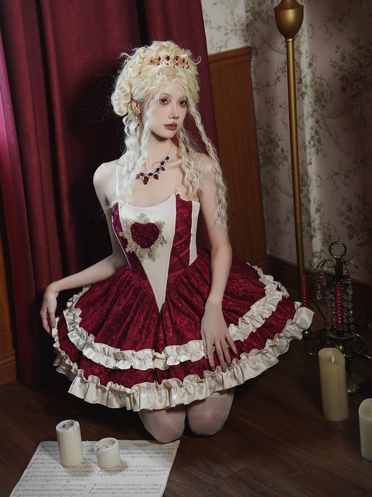 Rot-weißes Lolita-Trägerloses Kleid mit baskischer Taille und Stäbchen