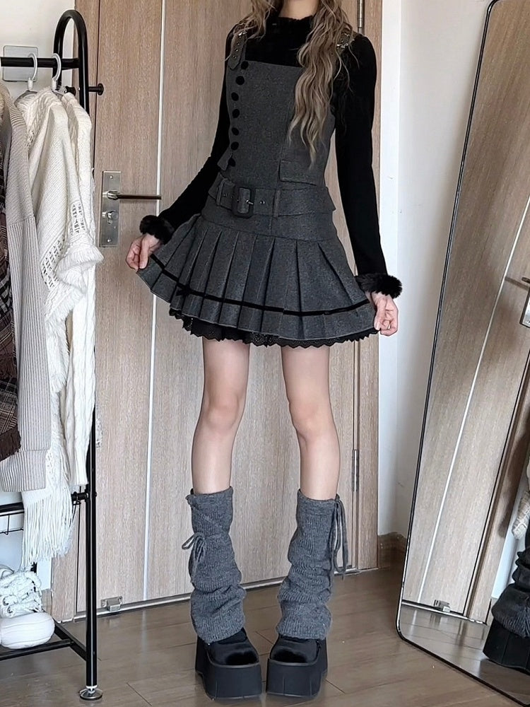 Box with and Pleat Short Belt Gray Faux Pockets Low-Waist Dress Chic Decorative