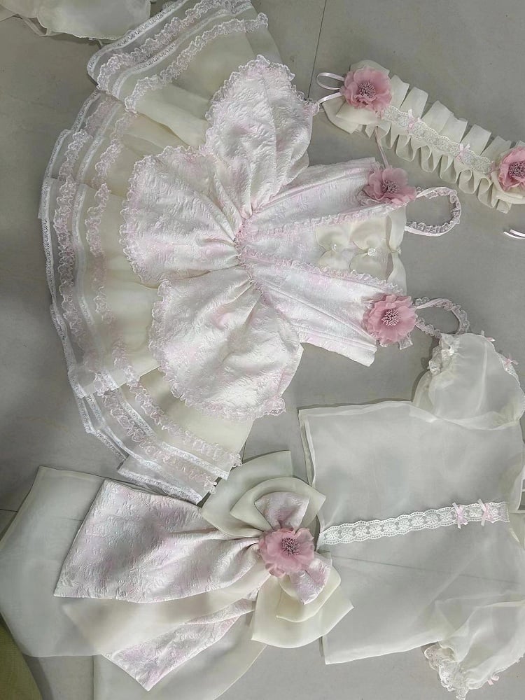 and Ruffles Pink Lace Jumper with Princess Layered Floral-Print Trimmings Lolita Skirt