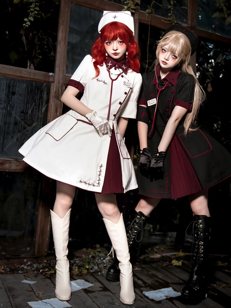 Weißes und rotes Halloween-Kostüm, Krankenschwester-Lolita-Kleid, komplettes Set