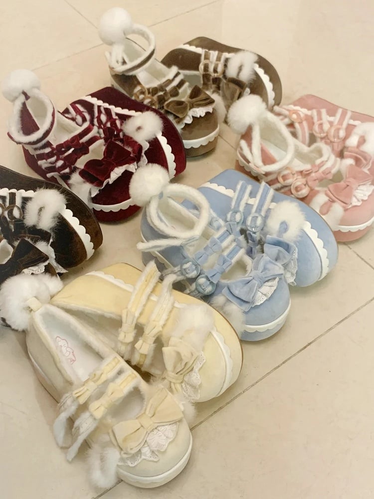 Cute Bunny Buckle Lining Shoes Mary Rabbit Jane Sweet - Details in Blue Platform with Circle Plush Lolita