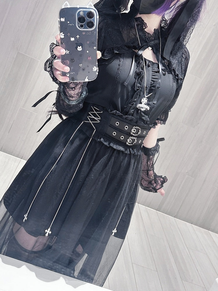 Jirai Kei Black Lace Cape Short Sleeve Blouse/ Sleeves Only