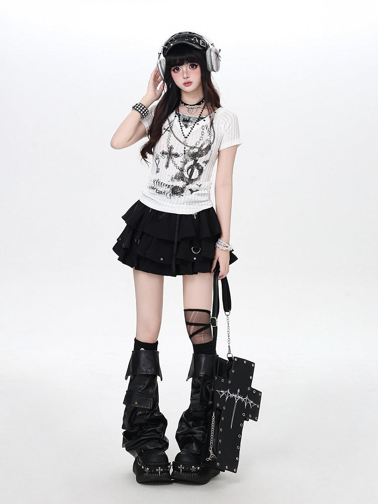 White Halter Short Sleeve Knit Top with Dark Print - CRAZY GIRL
