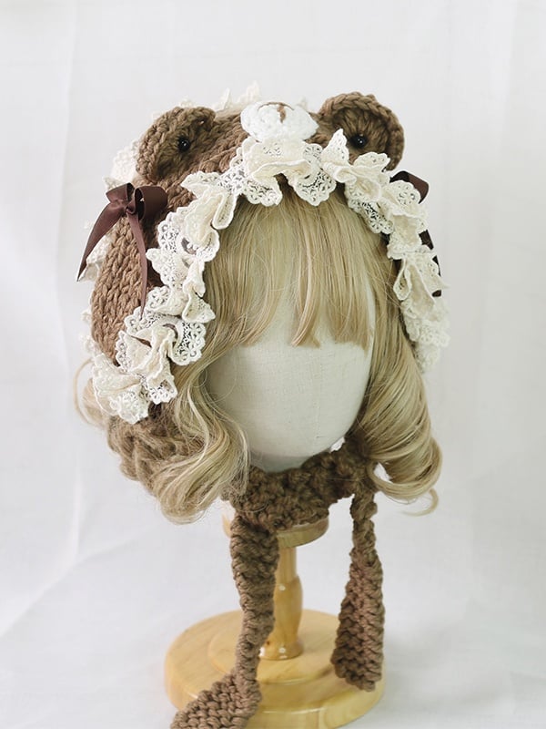 Lolita Ear 4 Detachable Lace-trimmed Knitted Colors Bowknot Bear With Sweet Hat