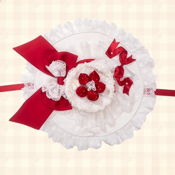 with Trimmed and Red Lolita Lace Strawberry Bows White Decorations Hat