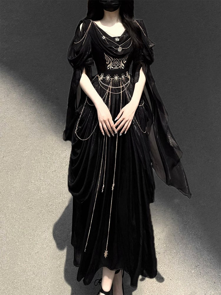 Embroidery Flowing and Sleeves Dress Black Golden Lolita Greek-inspired Chain Accents with