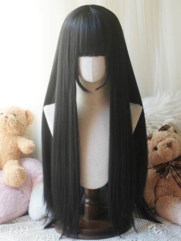 Karamell/Blond/Orange/Schwarze, hüftlange, glatte Perücke mit vollem Pony