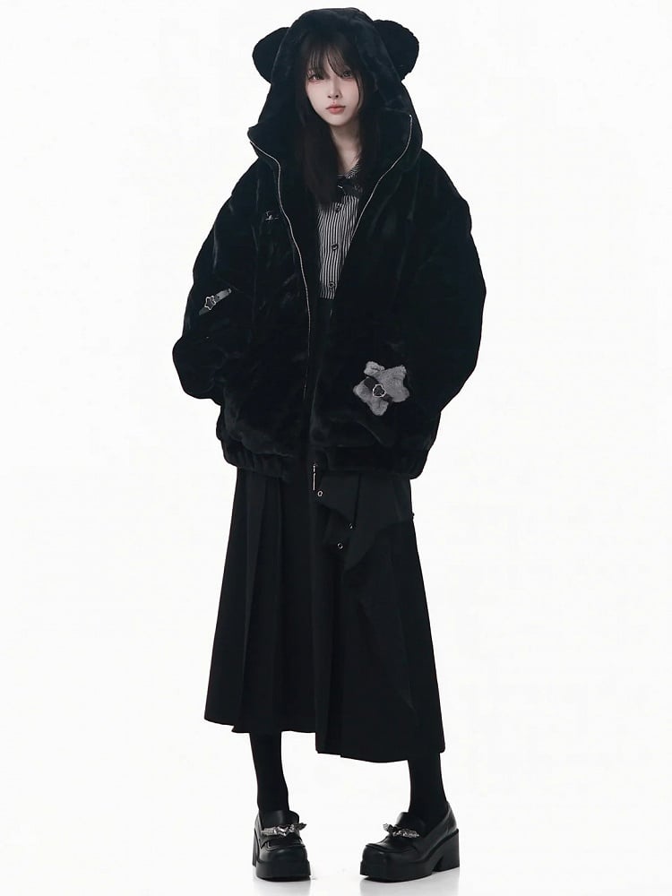 Hooded with Bear Ear Plush Embroidery Black/White Buckle Strap and Lined Pin Accents Coat