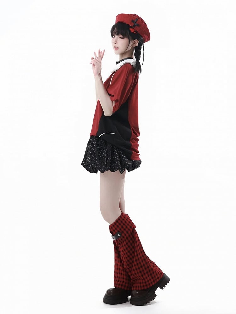 Belt Black Polka Buckle Star Dot Mini Bubble Skirt Plaid Applique with Red