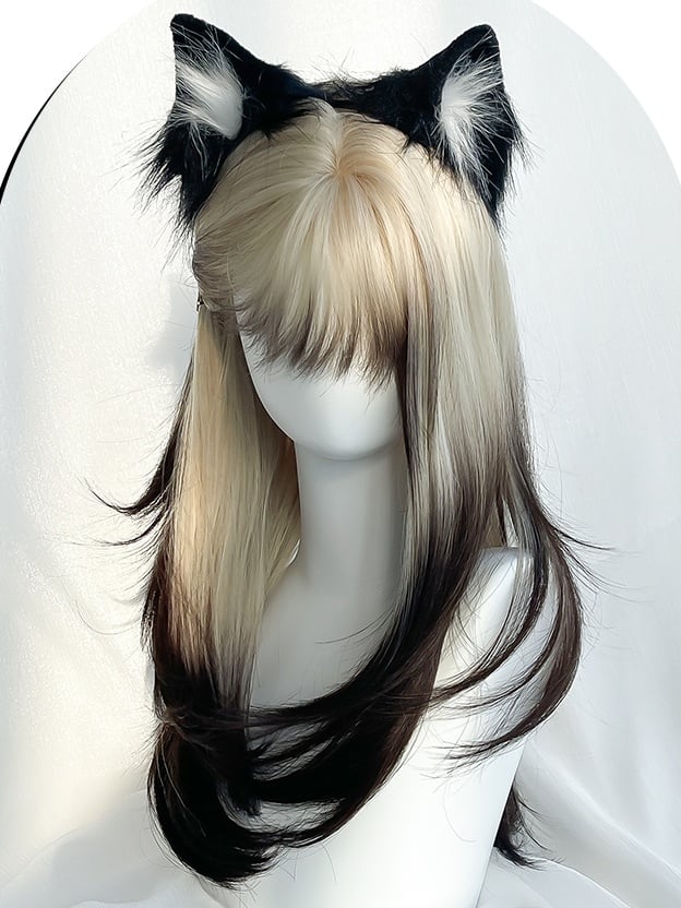 ブロンドブラックオンブレロングストレート合成ウィッグ(前髪付き)