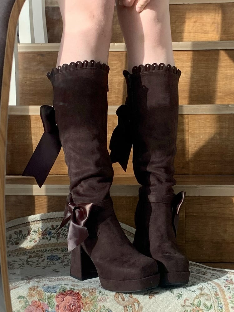 Bow Embellishment Lacing Boots Coffee - Lolita Brown Knee-high Decorative in Elegant
