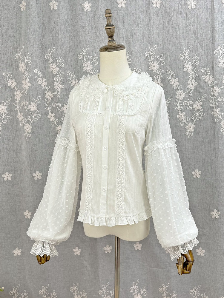 Cotton Jacquard Sleeves Long White Lolita Blouse