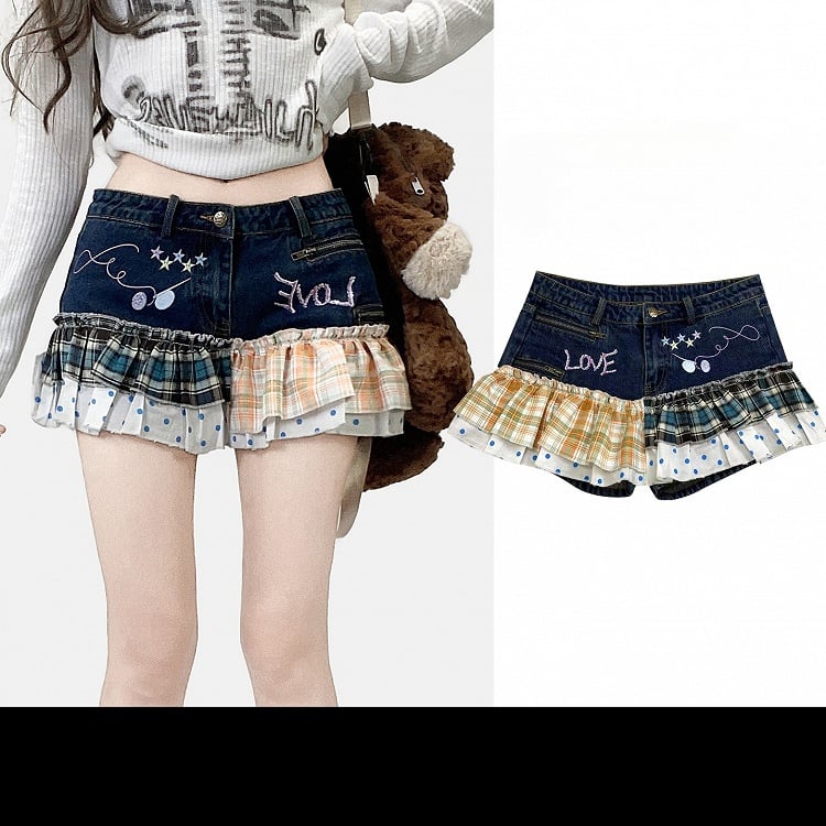 Plaid Shorts And + Pattern Polka-dot Orange Blue Y2K