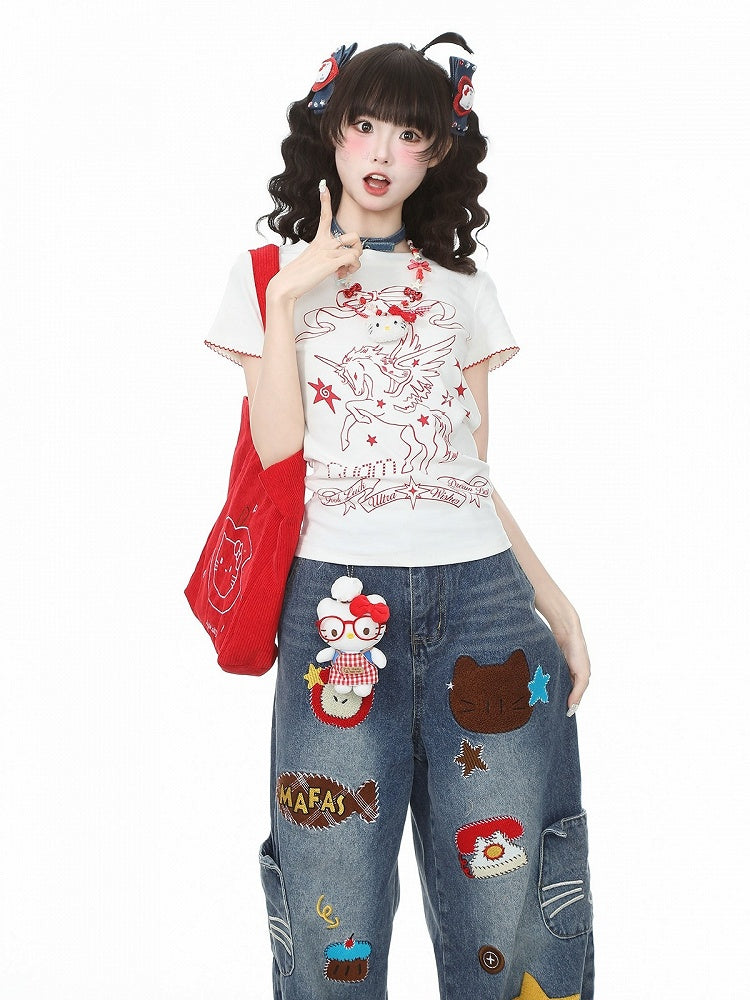 White & Red Unicorn Print Short-Sleeve Tee - Languid Park