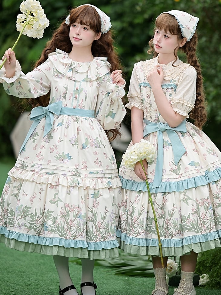 Bird Belt Sleeves Lolita Kei Dress Print and Floral Natural with Waist Long