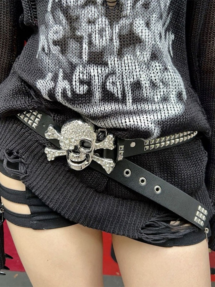 Schwarz-weißer Punk-Hüftgürtel mit Strass-Skelett