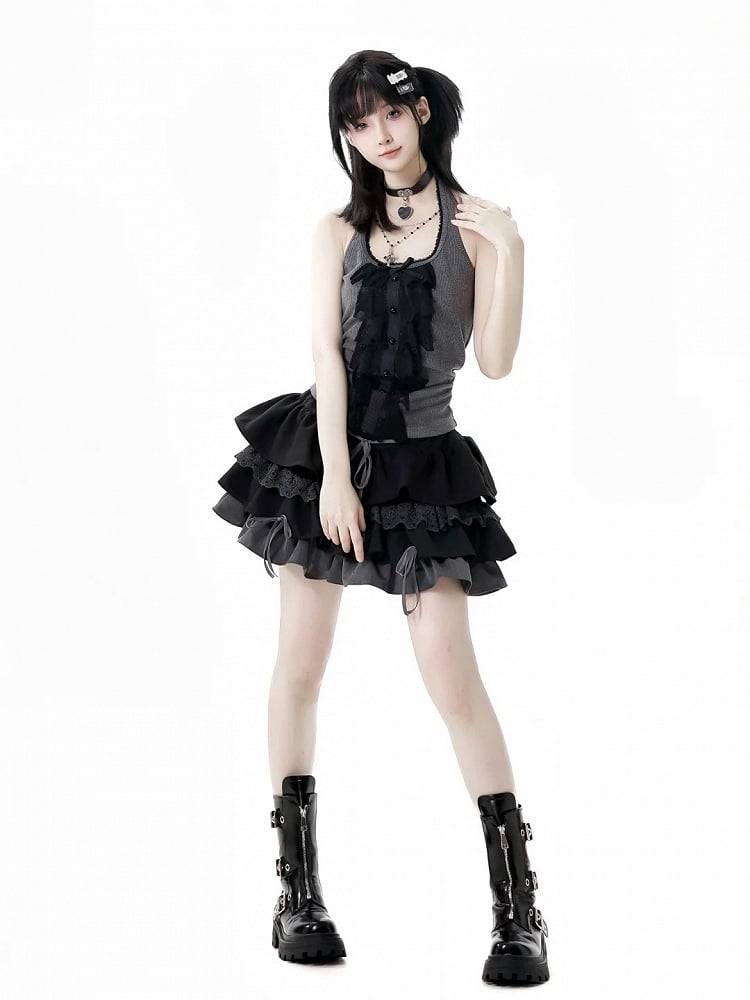 Schwarz-grauer glamouröser Stufenrock mit Schnürdetail