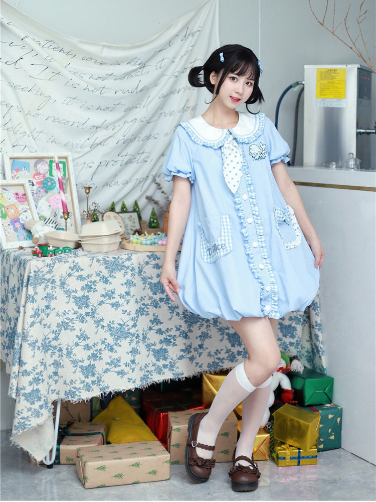 Blue Peter Pan Collar Whale Pattern Bowknots Bubble Skirt Dress