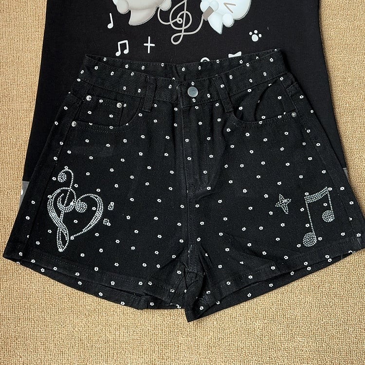 Shorts Details Rhinestone Dot Black Polka High-waisted with