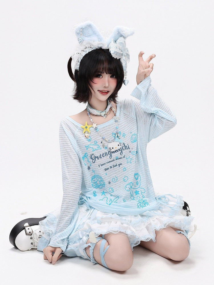 Breathable Sky Blue Cartoon Print Long-Sleeve Tee - CRAZY GIRL