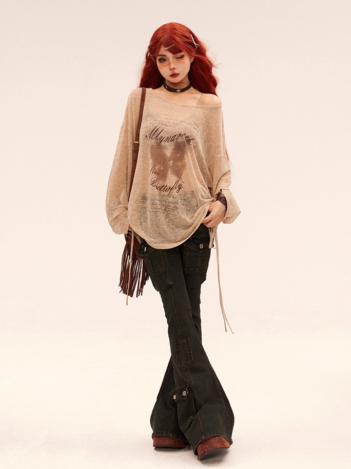 Neck Semi-sheer Vintage Butterfly Print Khaki Round Coverup