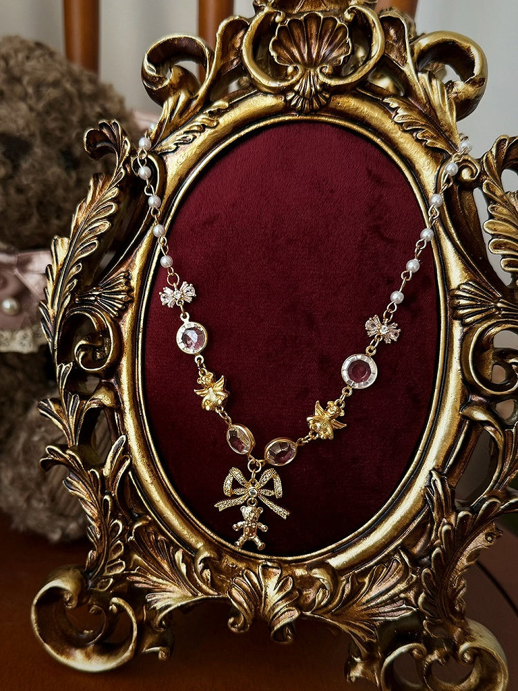 Beads Pendant and Bow-Topped with Bear Rhinestones Necklace Lolita Embellished
