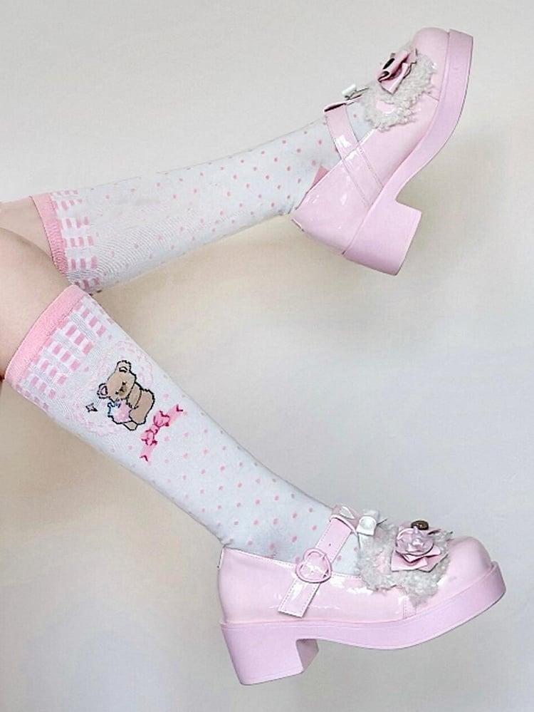 Print Polka-dot Pink Lolita Socks Bowknot Calf Pattern Bear Strawberry Hug
