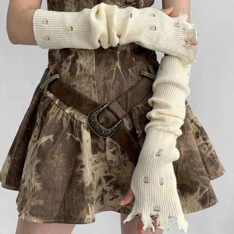 Distressed Holes Fingerless Knitted Long Gloves