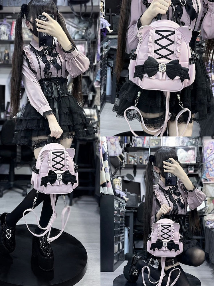 BlackPink Kei Cat Ear Backpack With Beaded and Rhinestone Bow Jirai