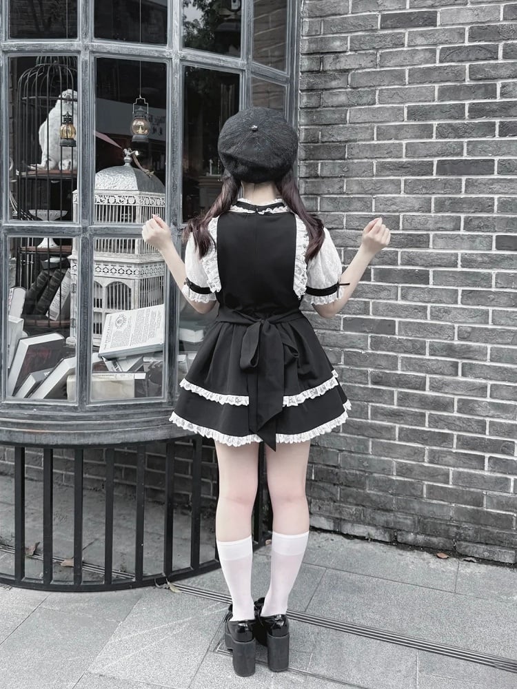 Black White Jirai Kei Lace Trim Dress Bead Choker Shorts - shirohato