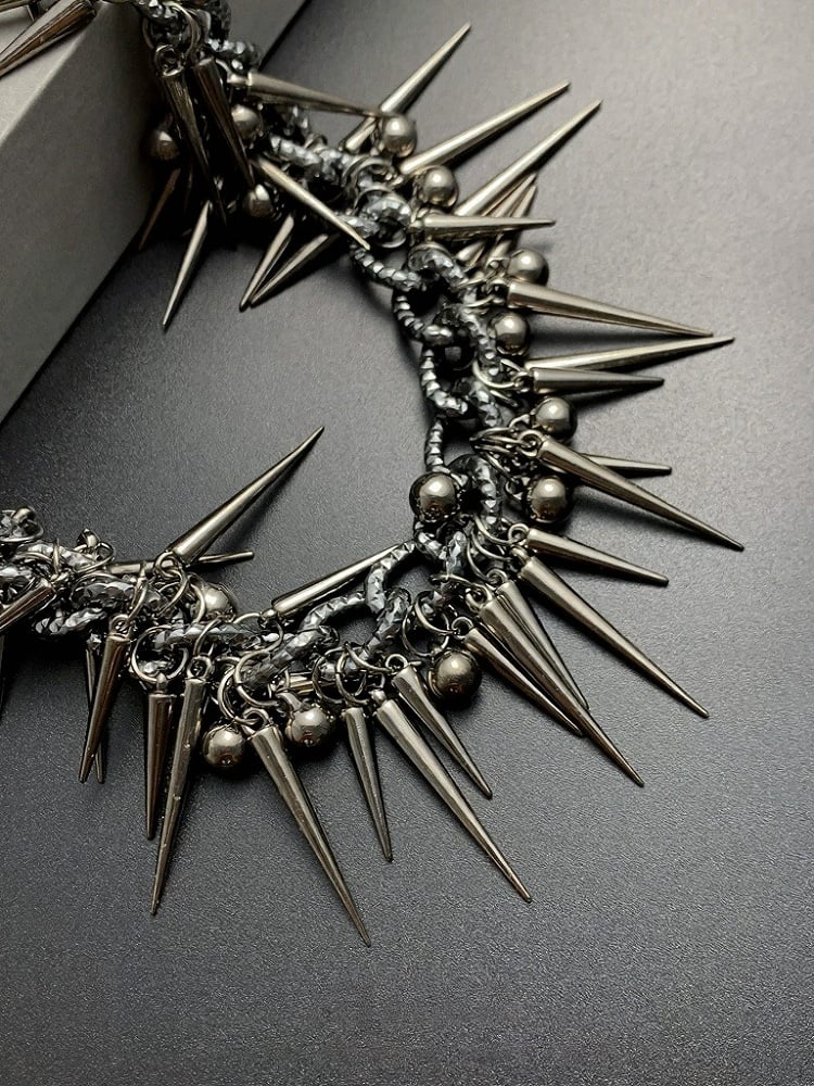 Silver Punk Spiked Chain Necklace with Round Beads - YSHXS