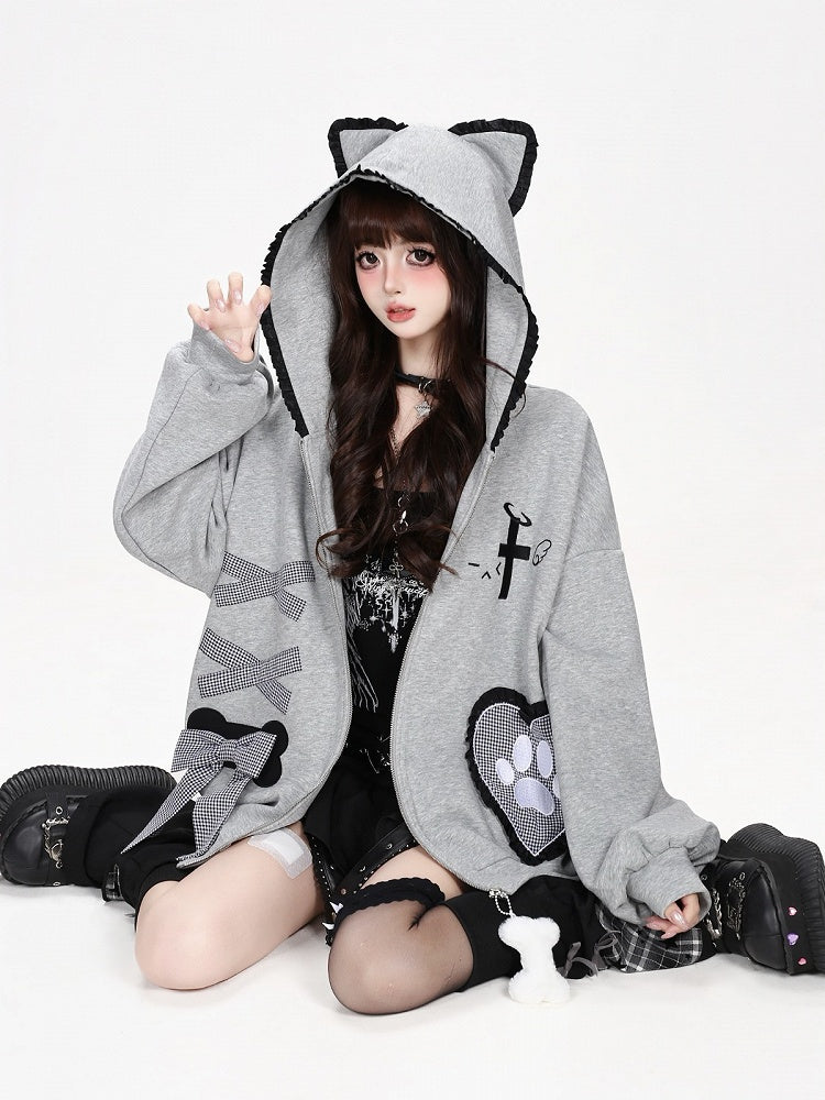 Kawaii Ruffled Kitty-Ear Hooded Jacket with Bow and Heart Patch in Grey - CRAZY GIRL