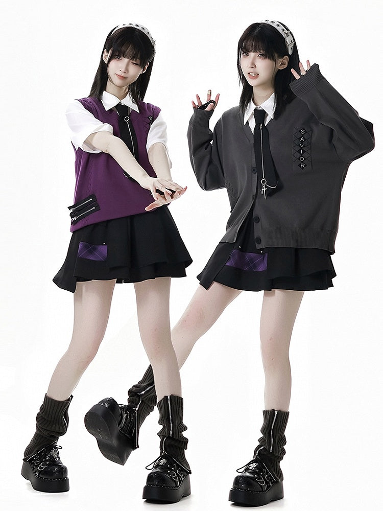 春のニットベスト ジッパーディテール スタイル パープル Vネック プレッピー