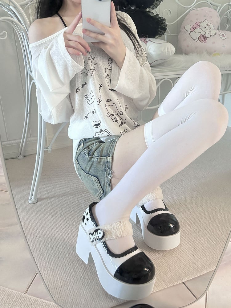 Weiße Jirai Kei Claw Fishbone-Plateauschuhe