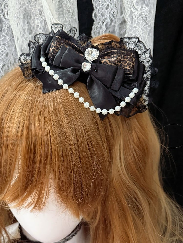 Black Hairclip Beaded Trim Charm Decorated Pattern Heart Lace Rhinestone Bowknot Leopard