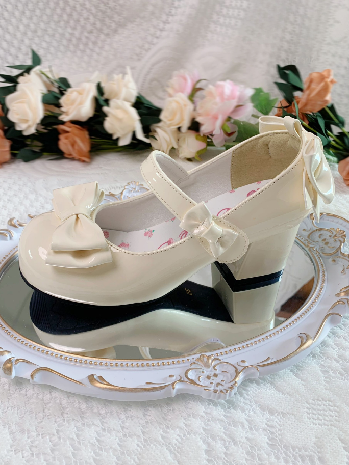 Apricot Bowknot Round Toe 3.5CM Block Heel Lolita Shoes