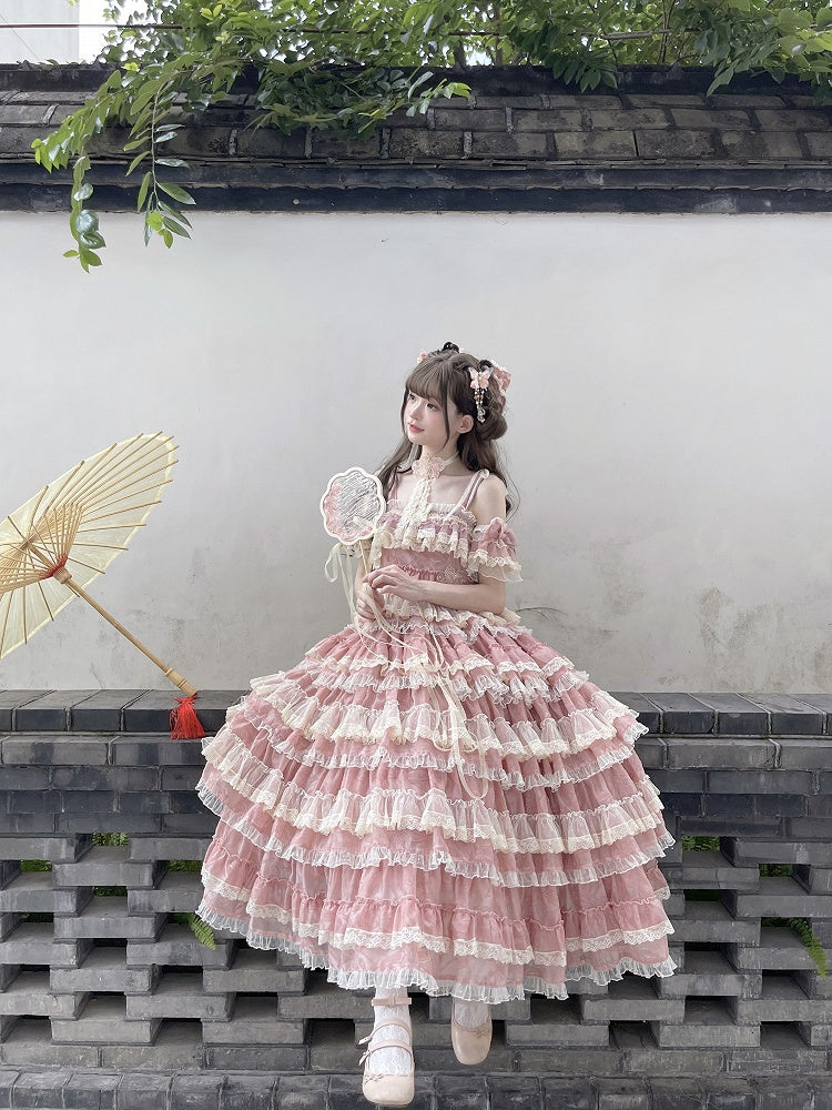 Lolita Ruffle Multi-Layered Sweet Straps Embroidery and with Dress Pink Adjustable Goldfish