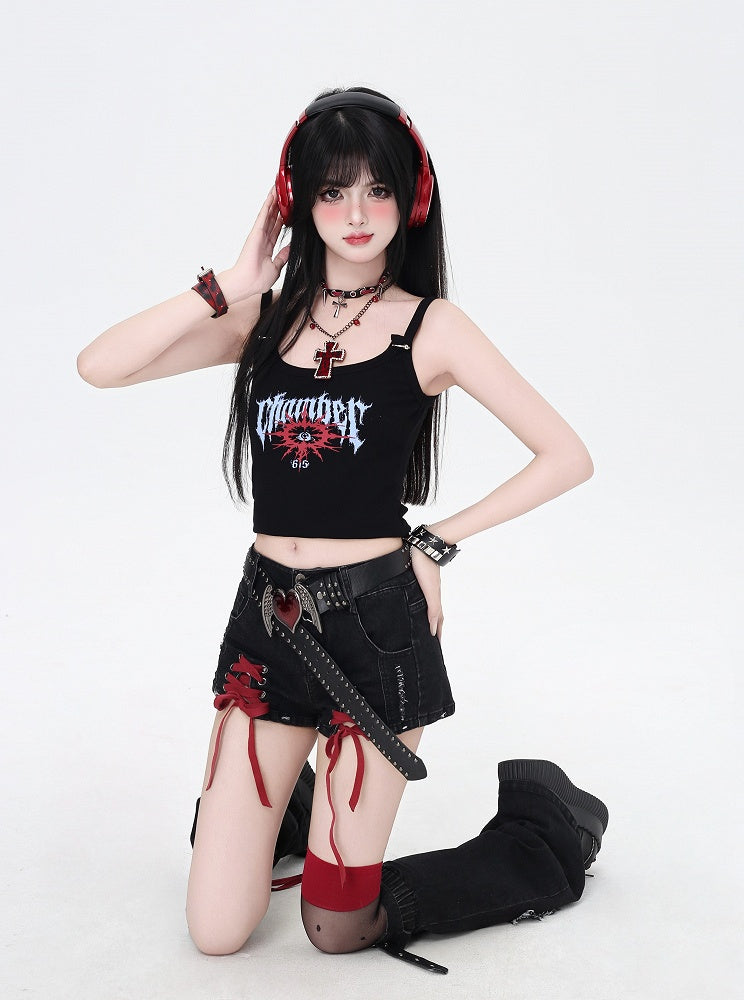 Warmers with Hem Denim Shorts and Butterfly Lace-up Details Red Applique Black Leg