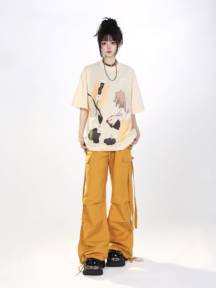 Beige Oversize Tee with Cartoon Boy Print