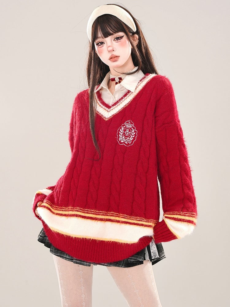 レッドプレッピースタイルVネックルーズセーター