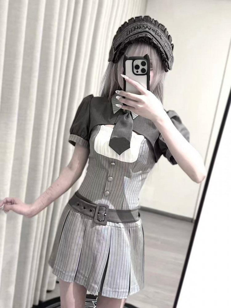 Gray Striped Jirai Kei Set: Cropped Top, Camisole Dress, Belt, Tie - Ekomi