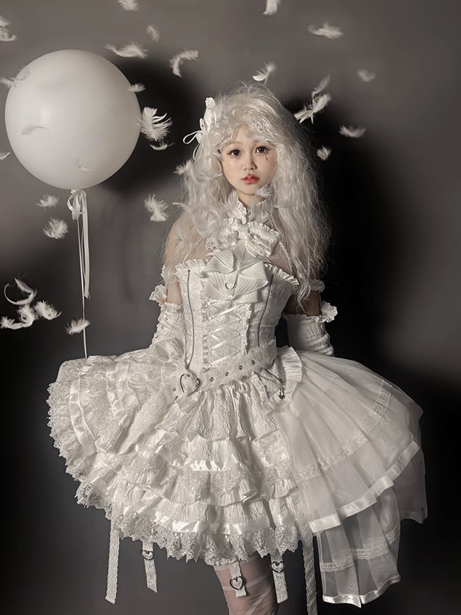 ホルターネック ロリータ ノースリーブ ゴシック スカート ティアード フル + シロ ホワイト トップ セット
