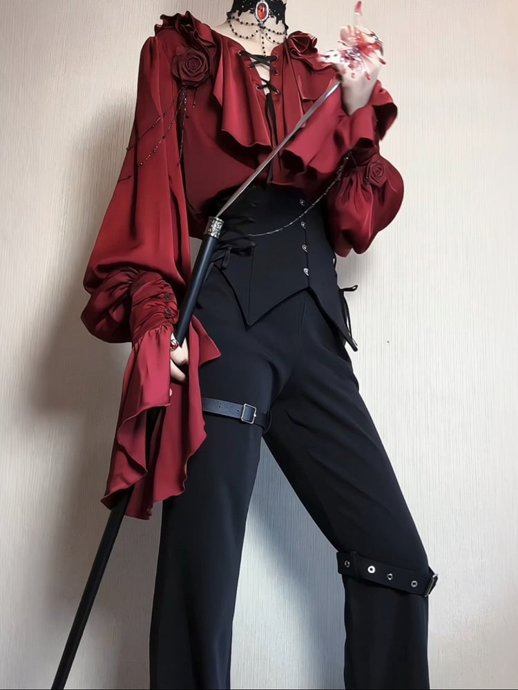 Crimson Poet Shirt with Floral Pins and Chain Accents - Shi Zhi Mao