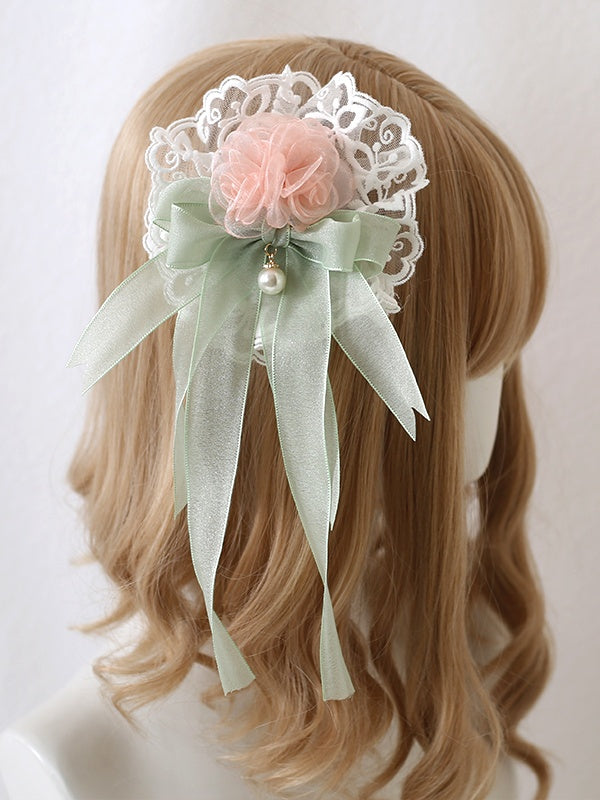 Floral Lolita Charm Bowknot Bead Camellias Green Cute Pink Hairclip With